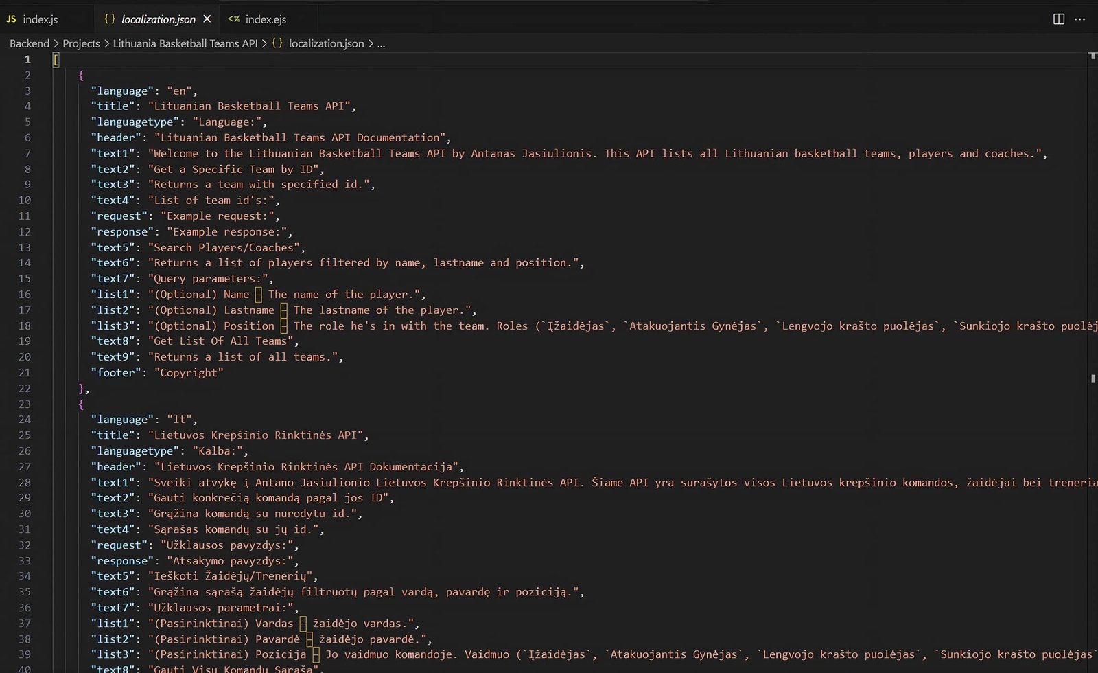 Lokalizacijos duomenis lietuvių ir anglų kalba json faile