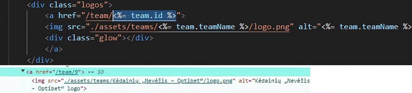 Kėdainių „Nevėžis – Optibet“ duomenų atvaizdavimas html puslapyje „EJS“ varikliu