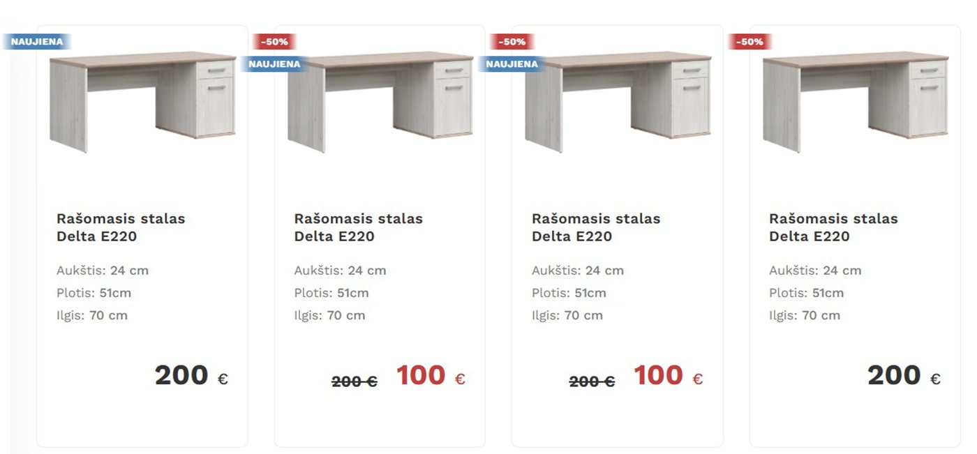 Produktų kortelės be subtilaus šešėlio