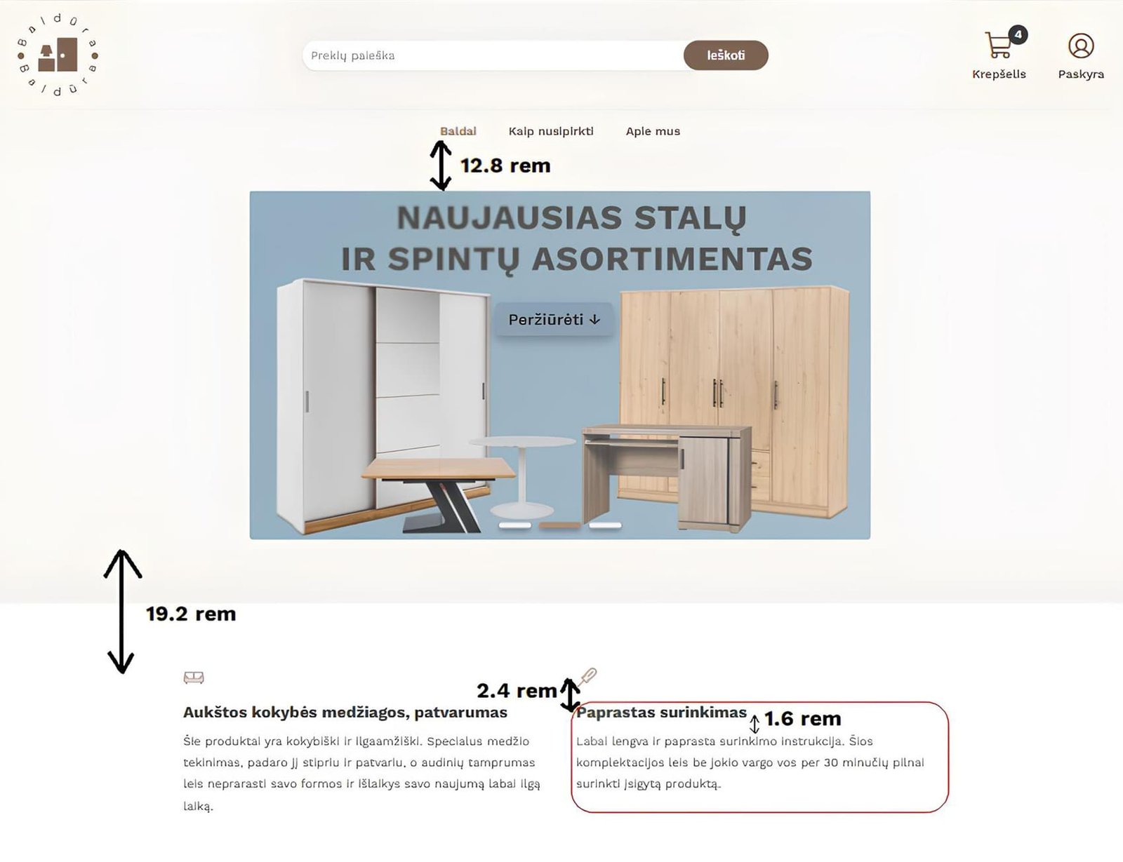 Tuščios erdvės panaudojimas tarp sekcijų ir tarp element