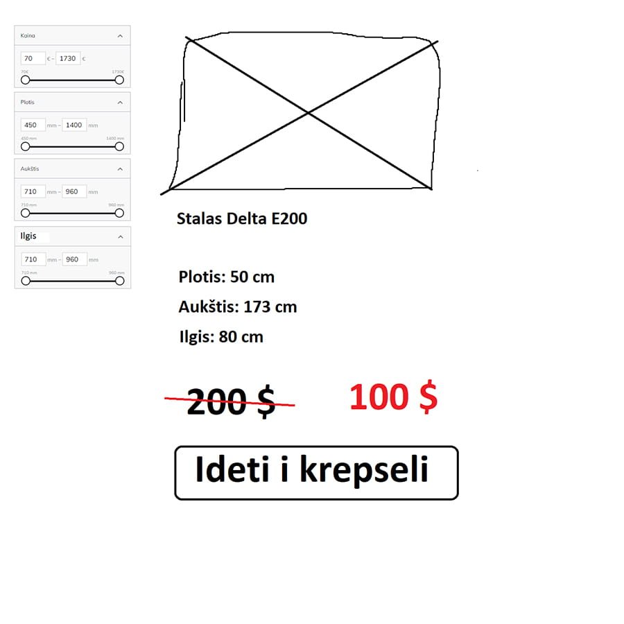 Produkto kortelės maketas kartu su produktų filtru